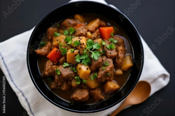 Obraz Hearty Beef Stew: Close-Up of Delicious Homemade Beef Stew with Potatoes and Carrots in a Black Bowl, Garnished with Cilantro