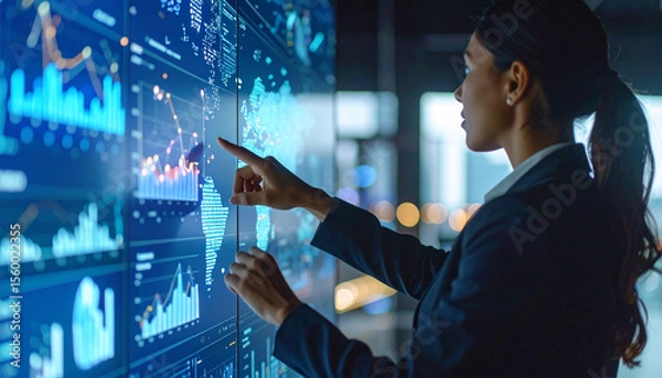 Fototapeta Data Insights and Analysis: A business analyst, deeply engrossed in a high-tech data visualization wall, investigates complex market trends and patterns to gain invaluable insights.