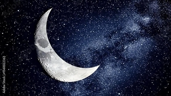 Fototapeta Serene Crescent Moon Amidst a Starry Night Sky Displaying the Universe Beauty