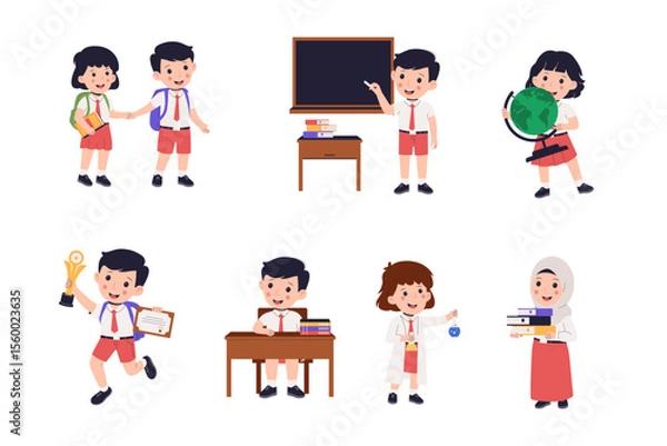 Fototapeta Set Vector Illustration of School Students Doing Classroom Activities. Illustrations for websites, landing pages, mobile apps, posters and banners