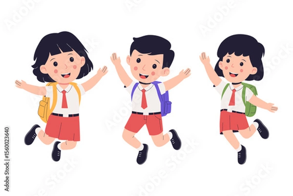 Fototapeta Happy Elementary School Students Jumping with Backpacks. Illustrations for websites, landing pages, mobile apps, posters and banners