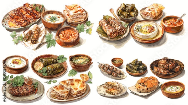 Fototapeta Hand-drawn illustration of Middle Eastern food with grilled meats, hummus, dolma, flatbreads, and meze dishes. Perfect for ethnic cuisine and culinary visuals.

