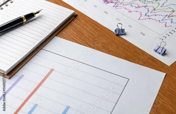 Obraz Financial charts and graphs with notebook on table. Business analysis, financial planning, status report, data interpretation concept.