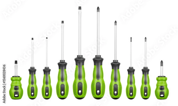 Fototapeta Set of Philips and flathead screwdrivers Green color on isolated white background close-up