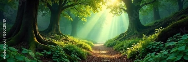 Fototapeta Sun-Dappled Forest Path Tranquil Scene of Ancient Trees, Mossy Rocks, and Lush Ferns