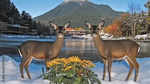 Fototapeta Two beautiful deer stand in a snowy landscape with a mountain backdrop creating a serene winter