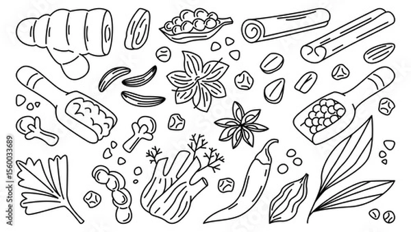 Fototapeta Hand Drawn Indian Spice Collection in Black and White