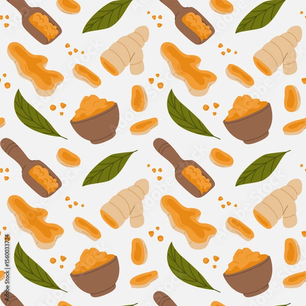 Fototapeta Seamless Pattern of Turmeric Roots and Powder