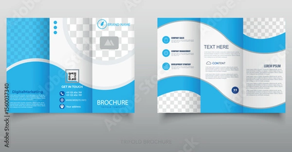 Obraz Modern Blue Trifold Brochure Template for Digital Marketing. Professional trifold brochure layout with modern blue design, wave elements, and placeholders for image and text.