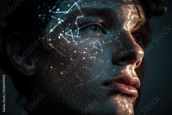 Fototapeta Celestial patterns light up a young man's face in surreal art