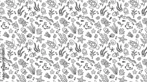 Fototapeta Seamless pattern with sea animals and plants in black and white doodle style on a white background