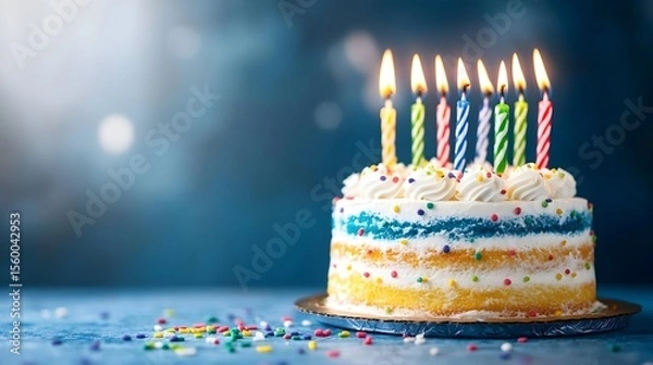 Obraz Festive birthday cake with candles, blue background, celebration