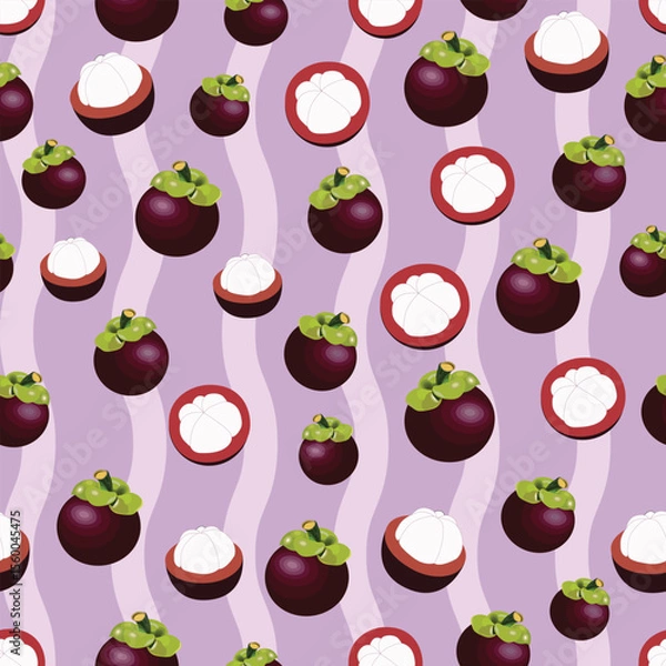 Fototapeta A seamless pattern featuring whole and halved mangosteens arranged over a soft purple wavy bg. This tropical fruit design adds a fresh and exotic touch to  textiles,wallpapers,or summer-them projects