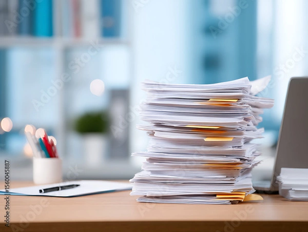 Fototapeta Business office table or desk full of pile or stack of many papers, paperwork documents, bureaucracy 61674978 1