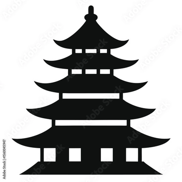 Fototapeta Elegant Black and White Illustration of a Five-Story Pagoda  Asian Architecture Icon