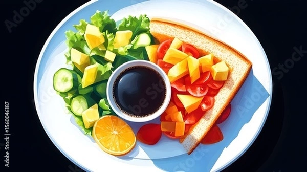 Fototapeta Sunny-day breakfast toast, salad, and soy sauce