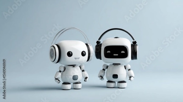 Fototapeta Two cute white robots with headphones, standing side by side, looking at the camera, simple background, cute style, 3D render.