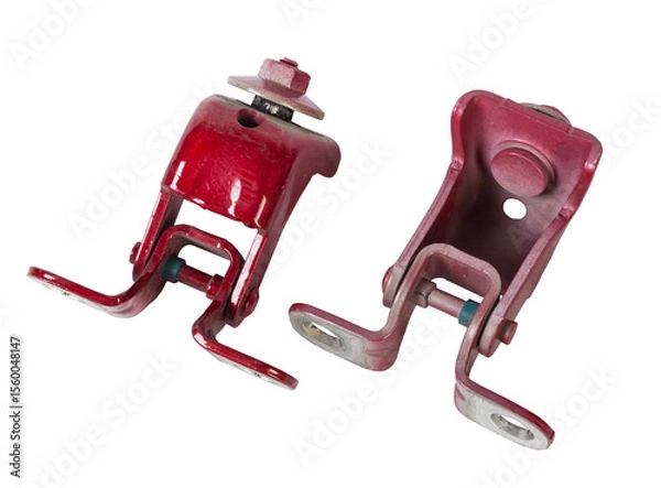 Fototapeta Pair of hinges for attaching the hood or trunk of the car on a white isolated background. Auto parts for catalog and repair of vehicles.