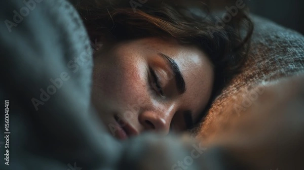 Obraz Insomnia risk. A serene close-up of a person sleeping peacefully under soft blankets.