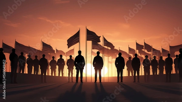 Fototapeta silhouettes of people standing in silence under a national flag, sunset background, honoring terrorism victims, symbolic remembrance, cinematic light, realistic style