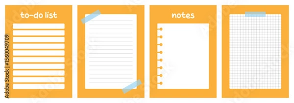 Fototapeta Set of four yellow notebooks with to do list, lined, spiral, and grid paper designs