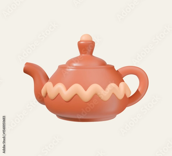 Fototapeta 3D Cartoon Clay Teapot with Lid and Handle