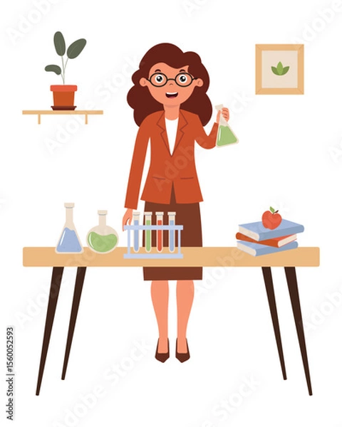 Obraz Scientist conducts experiment in laboratory room with multi-colored glassware and teaching materials. Lab assistant girl in business suit in chemistry lesson.Vector illustration in flat style.