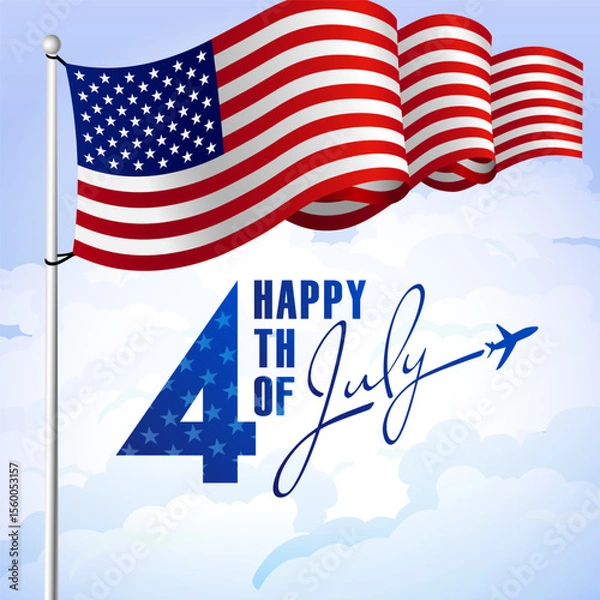 Obraz Happy 4th of July creative poster with 3D wavy flag of the USA and flying plane in blue skies and realistic clouds. Greeting card design. Happy Independence Day congrats. Isolated elements.