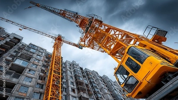 Obraz High-rise residential building under construction with tower crane against blue sky --chaos 100 