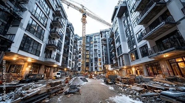 Obraz High-rise residential building under construction with tower crane against blue sky --chaos 100  