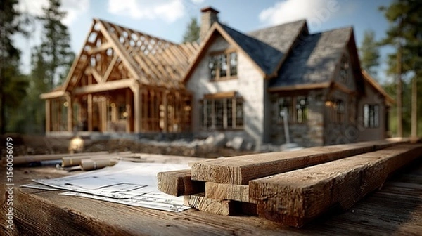 Obraz Home building design documents on construction site table with wood-frame house behind --chaos 100  