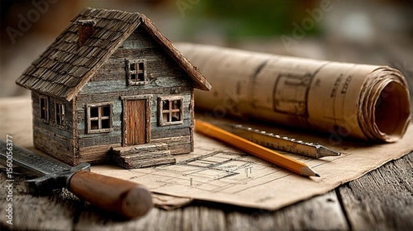 Obraz Homebuilding planning concept with architectural tools and miniature timber house on blueprint background --chaos 100  