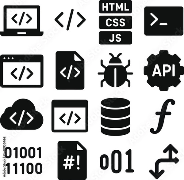 Fototapeta Coding & Programming - Solid Black Silhouette EPS Vector Set on White Background