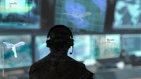 Fototapeta Military drone operator in the army call center with many blue monitors
