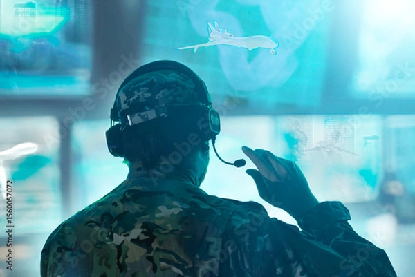 Fototapeta Military drone operator in the army call center with many blue monitors