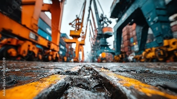 Obraz Industrial construction site landscape with tire tracks in sand, cranes, and an orange excavator --chaos 100  