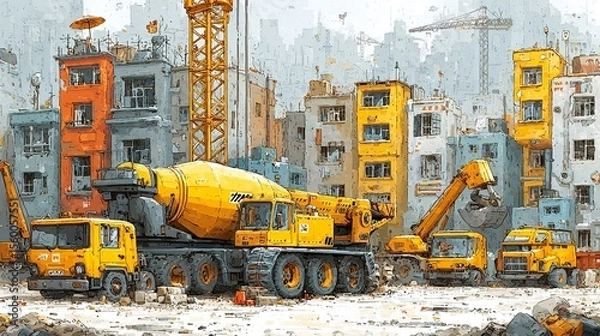 Obraz Industrial construction scene showcasing teamwork, engineering, and machinery in a modern city expansion --chaos 100  