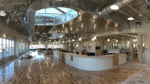 Obraz Interior view of commercial building under construction with exposed metal framing and HVAC ducts --chaos 100  