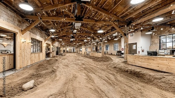 Obraz Interior view of large steel-framed warehouse under construction with exposed beams and dirt flooring --chaos 100  