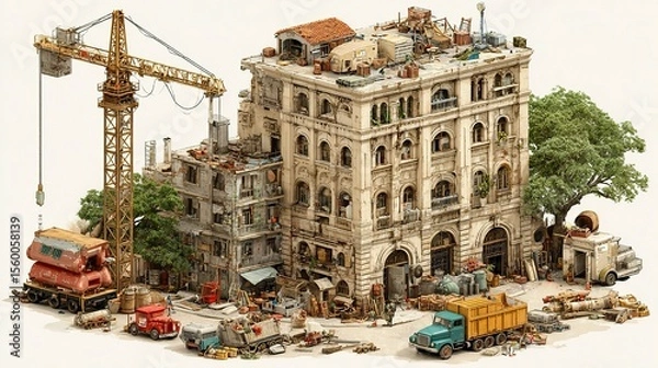 Obraz Isometric illustration of a multi-story building under construction with realistic crane and building materials --chaos 100  