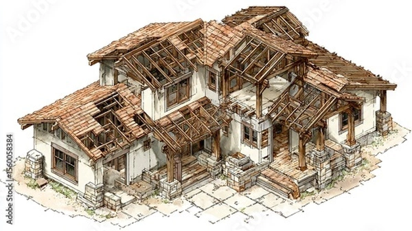 Obraz Isometric view of home build process showing structural details of roof trusses and wall framing --chaos 100  