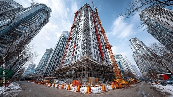 Obraz Large commercial building under construction with steel scaffolding and tower crane in bright sunlight --chaos 100 