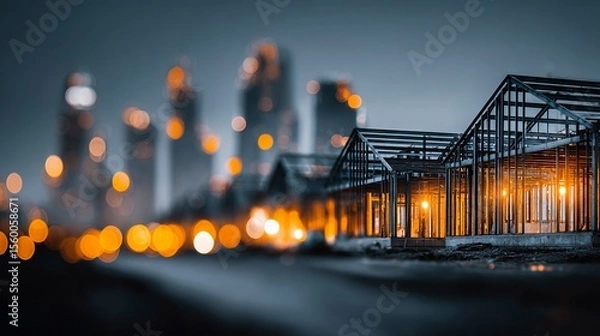 Obraz Large multi-story framework of a building project with open metal beams and urban background --chaos 100 