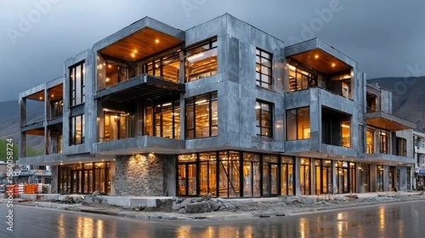 Obraz Large multi-story framework of a building project with open metal beams and urban background --chaos 100 