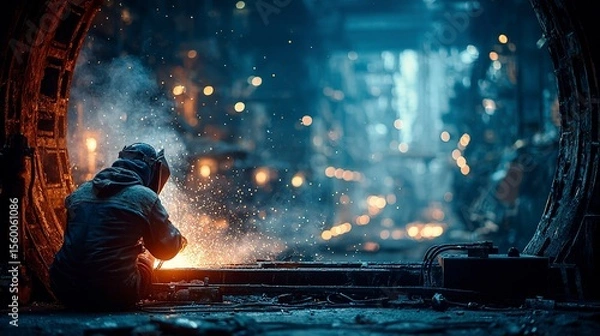 Obraz Manual metalwork with sparks flying as a laborer welds on-site inside a steel-framed structure --chaos 100 