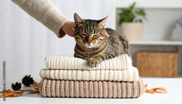 Obraz Cat Resting On Knitted Blankets Fall Decor