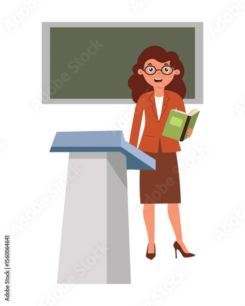 Obraz Female teacher standing on podium in classroom attracting students attention with textbook in hands. Vector illustration in flat style.