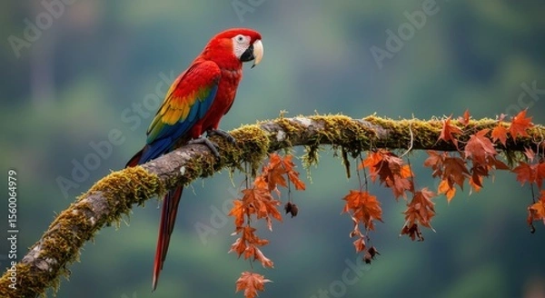 Fototapeta A vibrant red macaw perches on a moss covered branch with autumn leaves