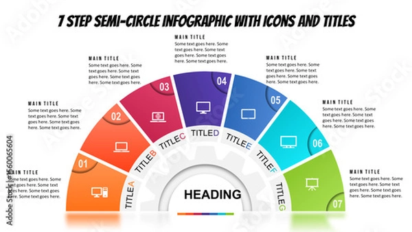 Fototapeta 7 Step Semi-Circle Infographic with Icons and Titles. Fully editable vector SVG file compatible with PowerPoint, Illustrator, and most vector-based applications.
