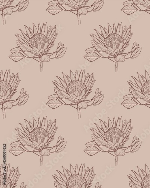 Fototapeta Seamless pattern Hand drawn linear illustration of a protea flower in brown ink on a beige background. Elegant botanical sketch in minimal vintage style. Perfect for floral prints, packaging, fabric